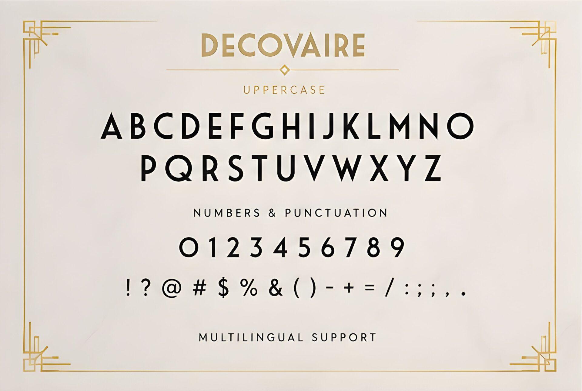 Decovaire Font by Kernova Fonts alphabet with light Art Deco capitals, numbers and punctuation
