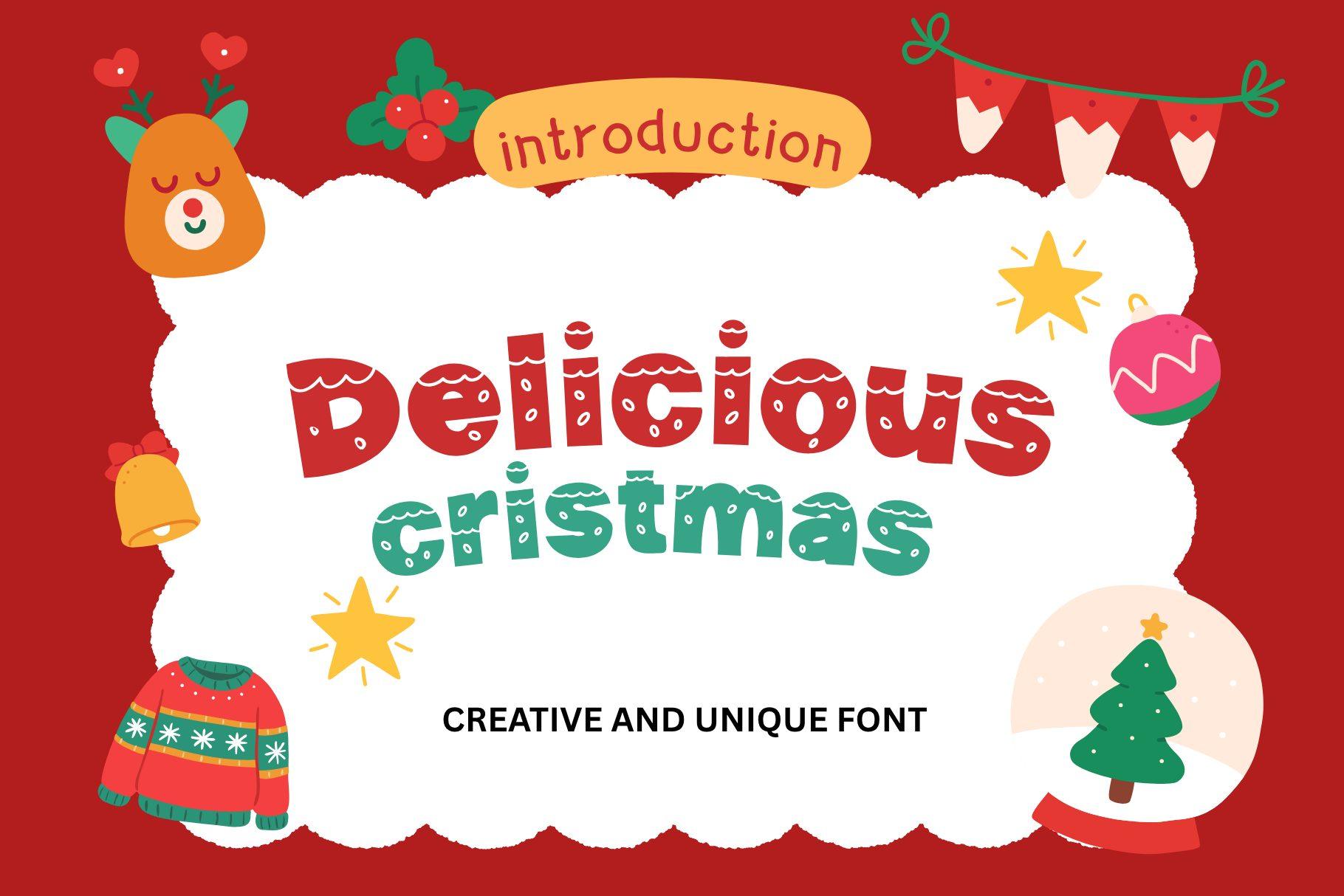 Delicious Christmas Font by Kik Design, chunky rounded letters in red and teal with snow dots