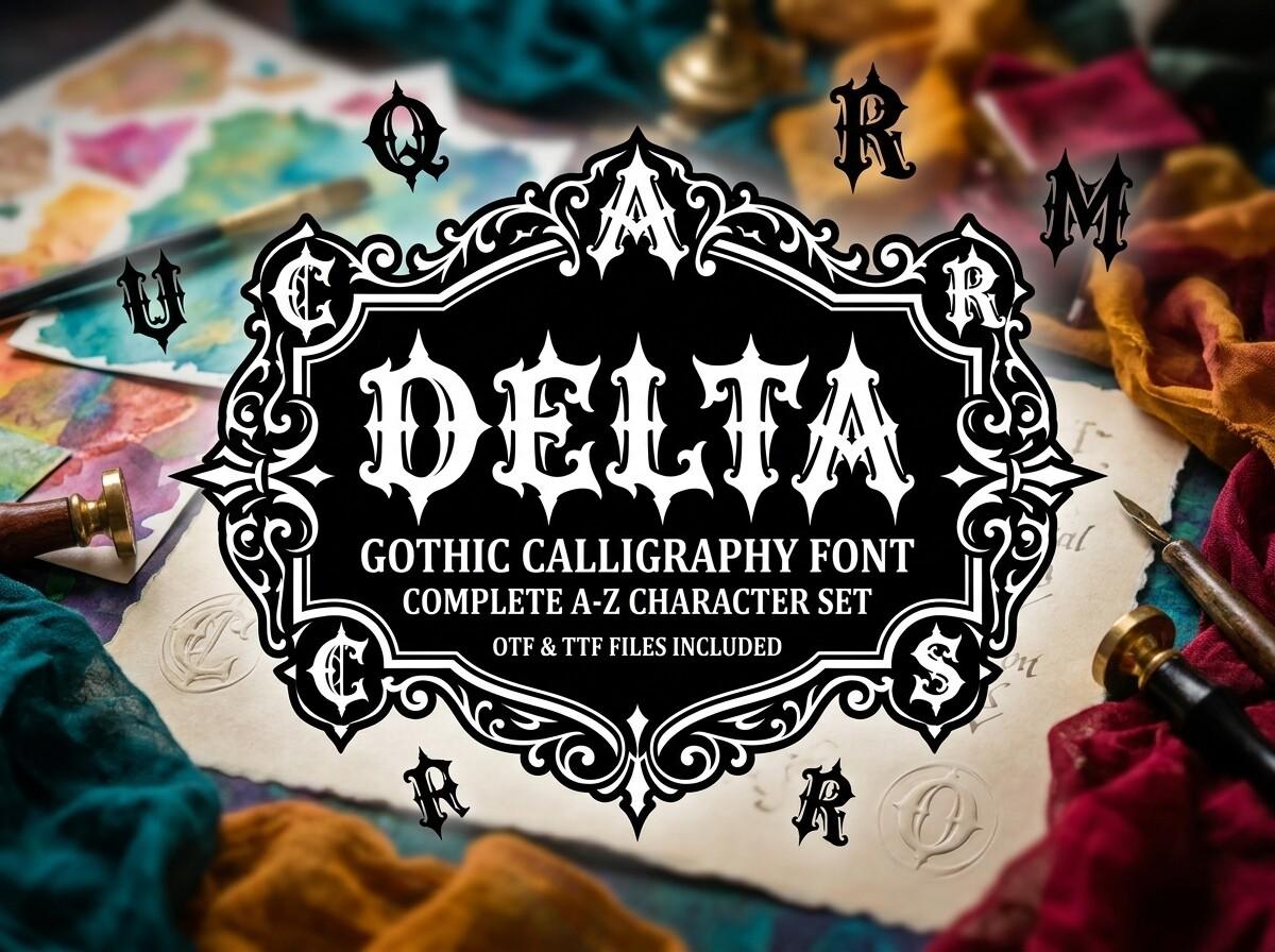 Delta Font by grifvixcolor, white ornamental gothic capitals inside a tarot-style frame surrounded by letters, tattoo font preview