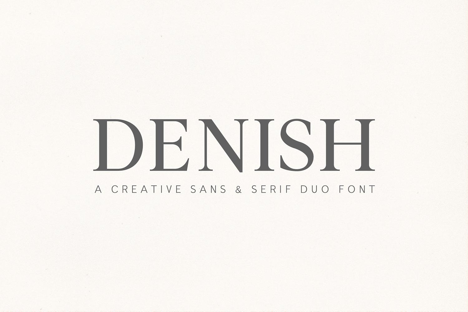 Denish Font by creativetacos, gray serif capitals with a spaced sans tagline font pairing preview