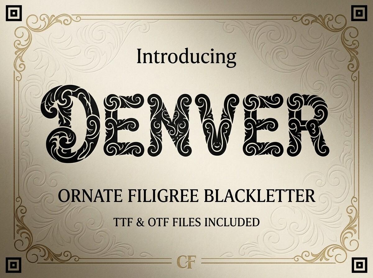Denver Font by dimukhi, ornate black filigree blackletter capitals on a cream background