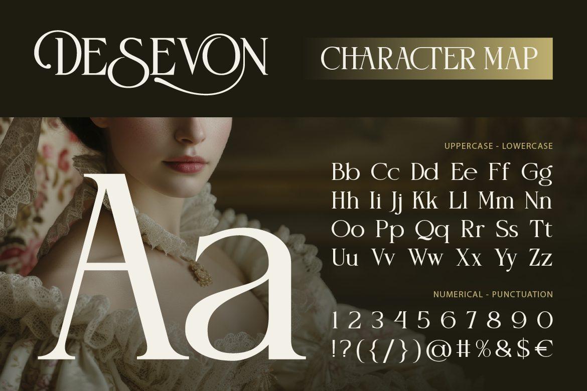 Desevon Font by Burntilldead character map, dramatic high-contrast display serif