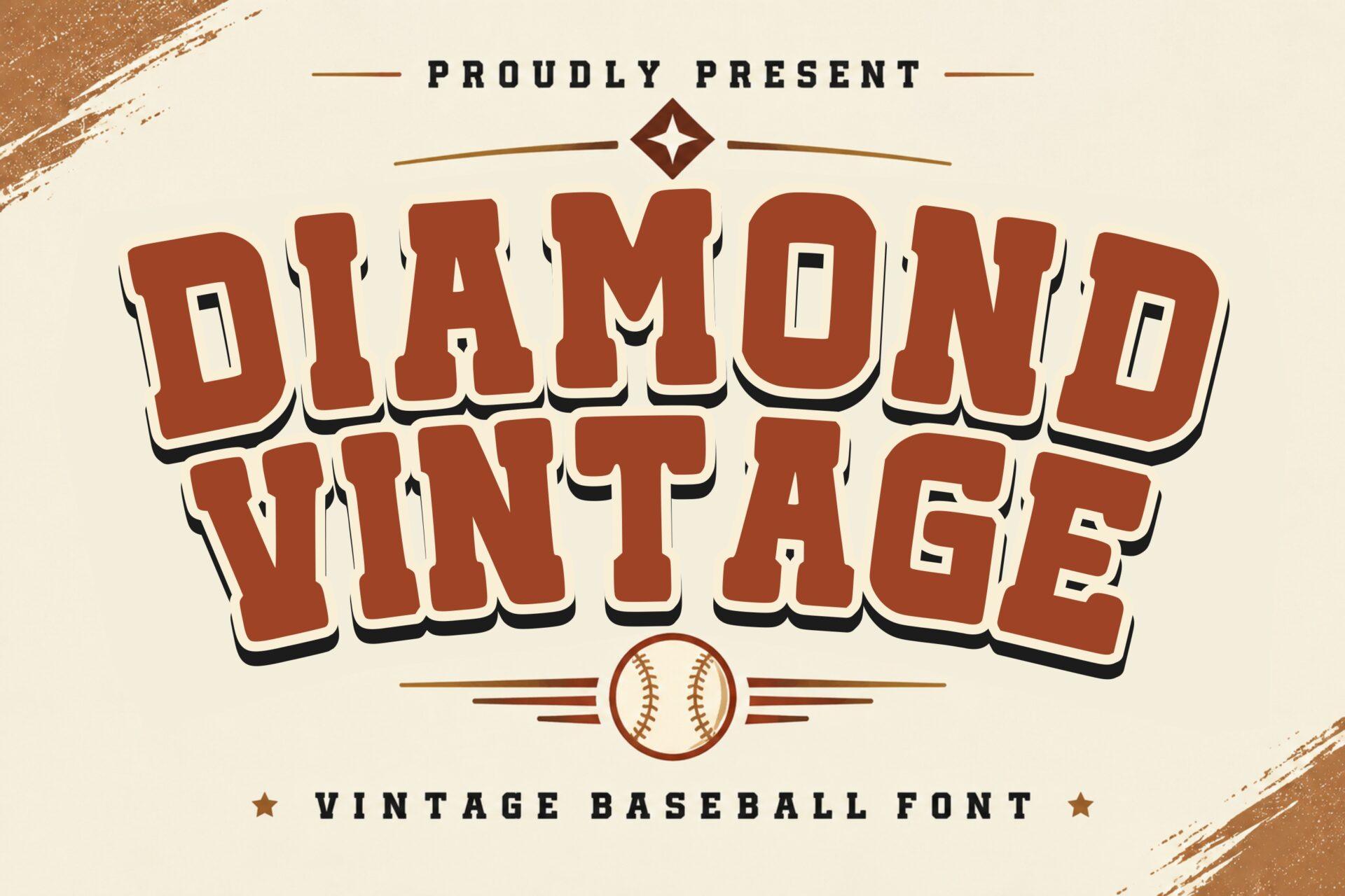 Diamond Vintage Font by Dreamspace.studio, chunky red-brown slab capitals with an orange outline and a baseball icon on a cream preview