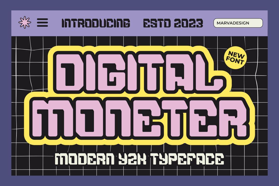 Digital Moneter Font by Marvadesign, lilac blocky Y2K letters with yellow outline on black grid