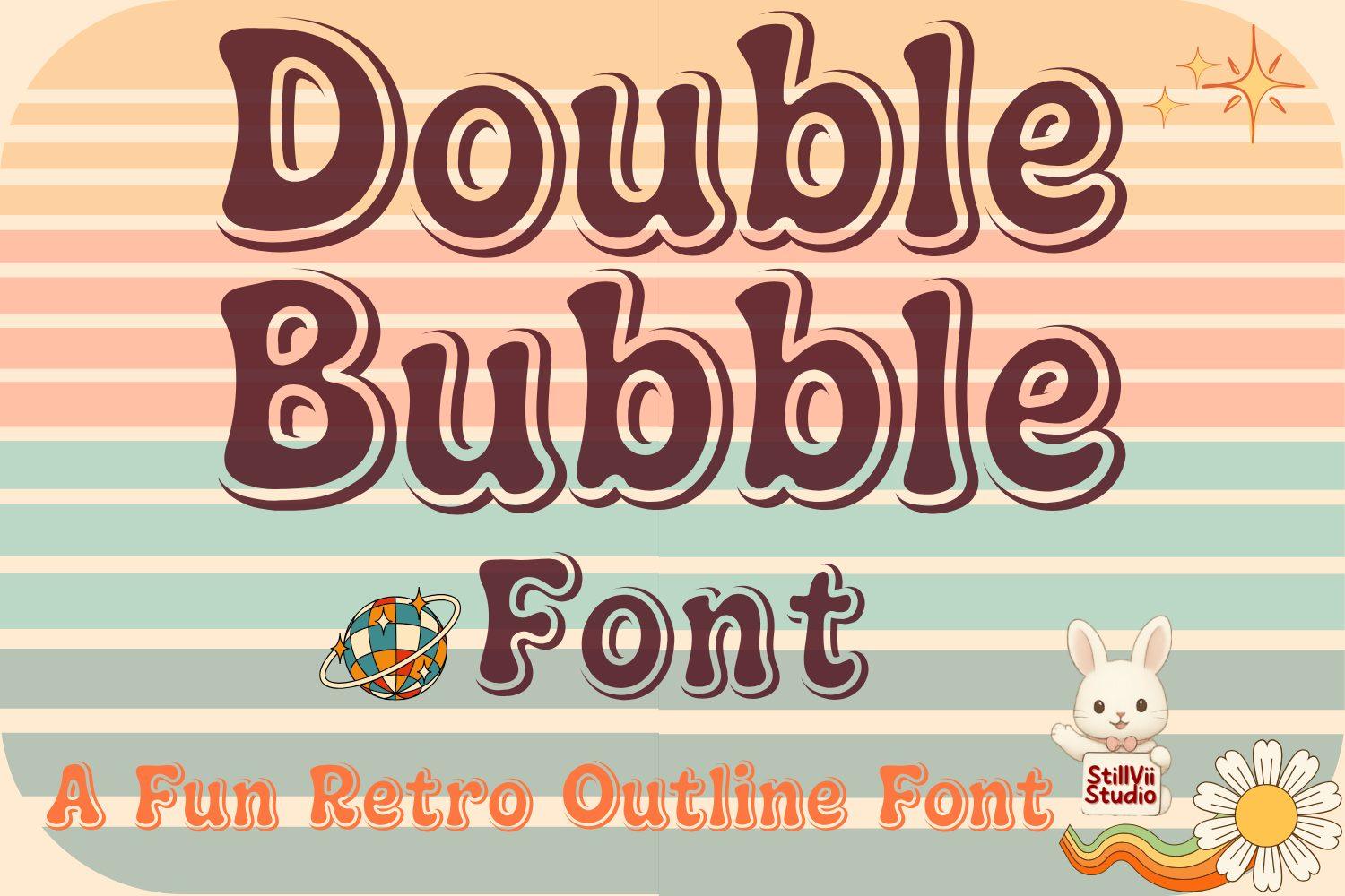 Double Bubble Font by StillViiStudio, brown retro soft serif letters with a double outline over stripes