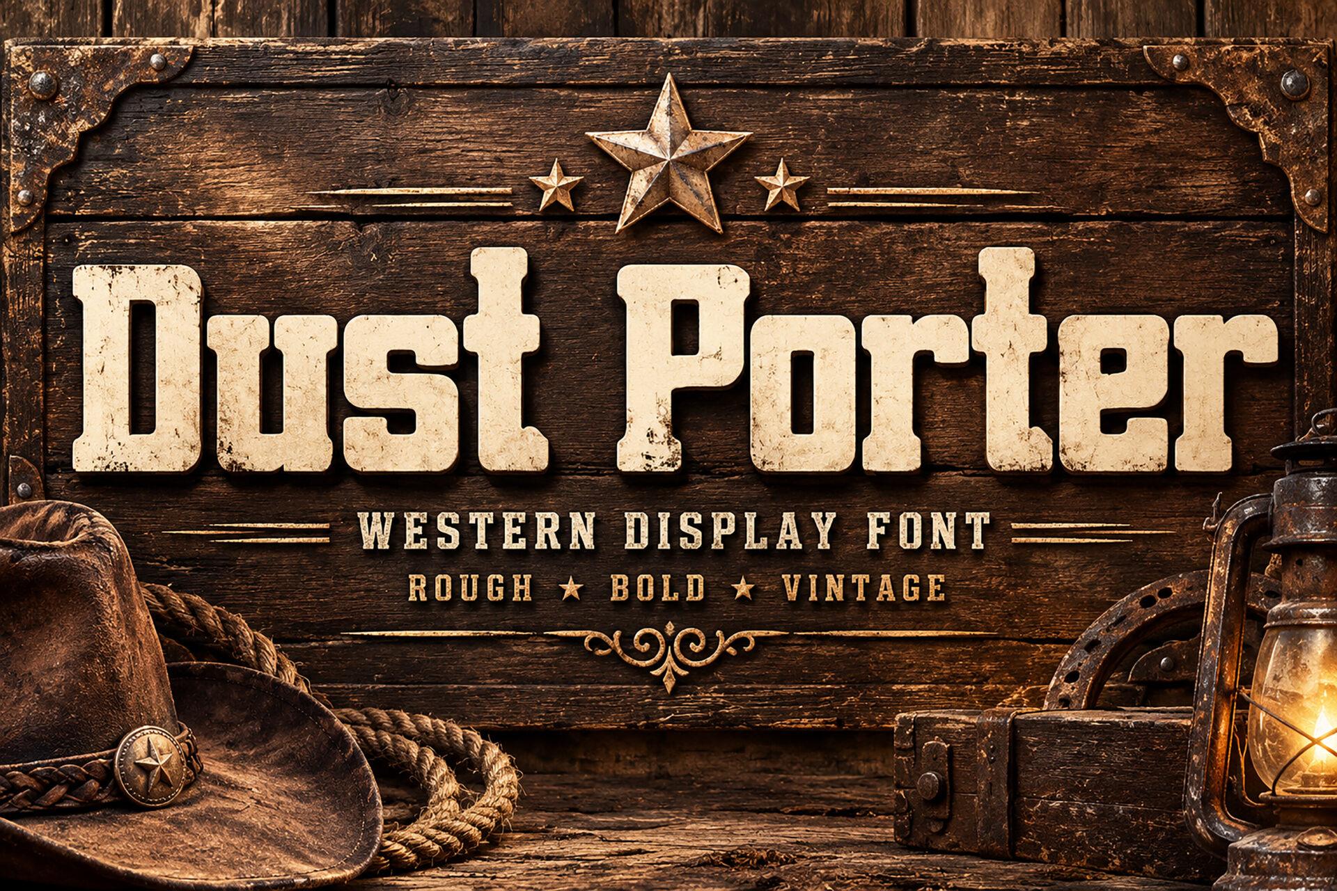 Dust Porter Font by Bundle, cream chunky rough slab letters on a wooden sign preview with a star and a lantern