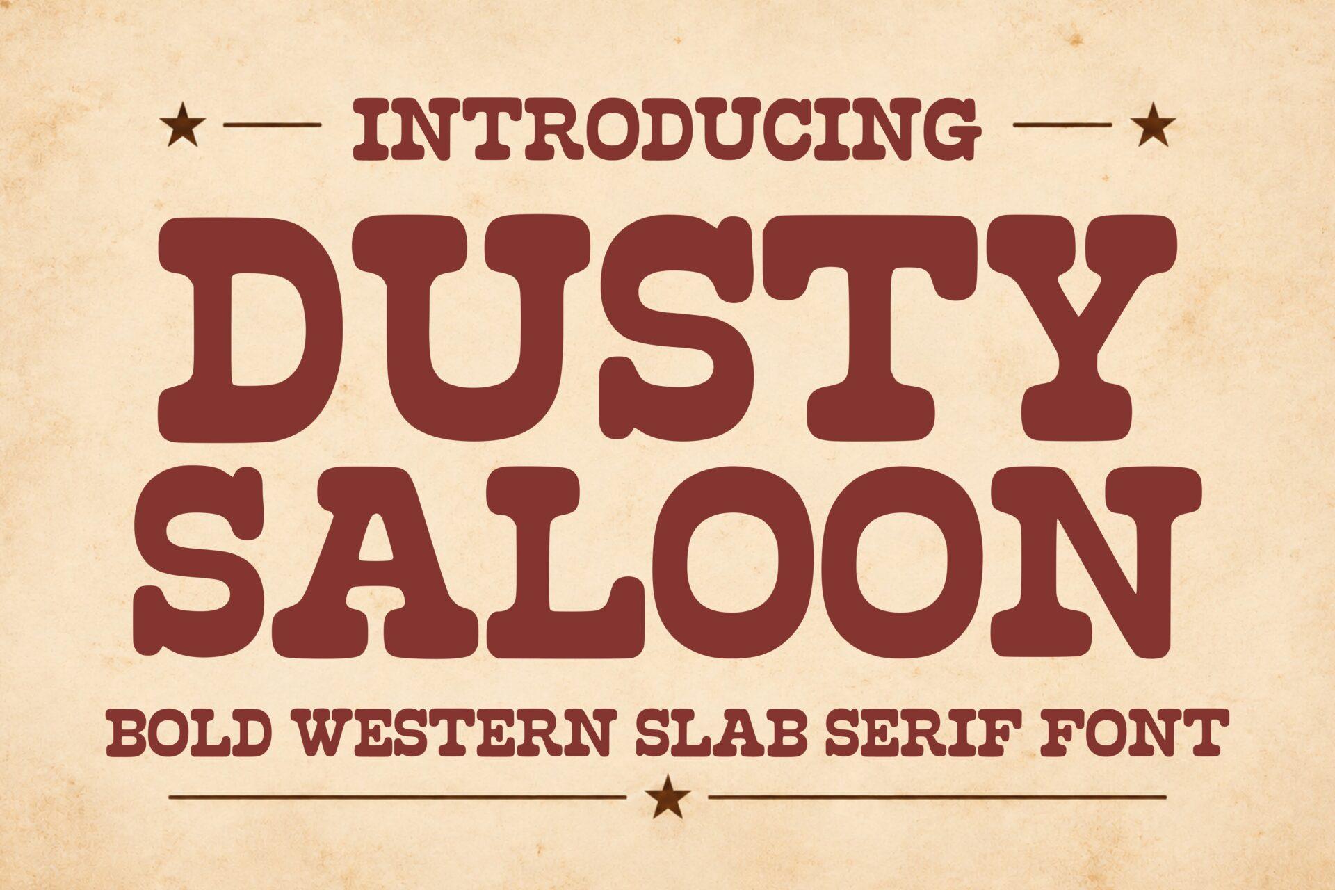 Dusty Saloon Font by Soho Studio, brick red rounded slab capitals on a cream preview with stars