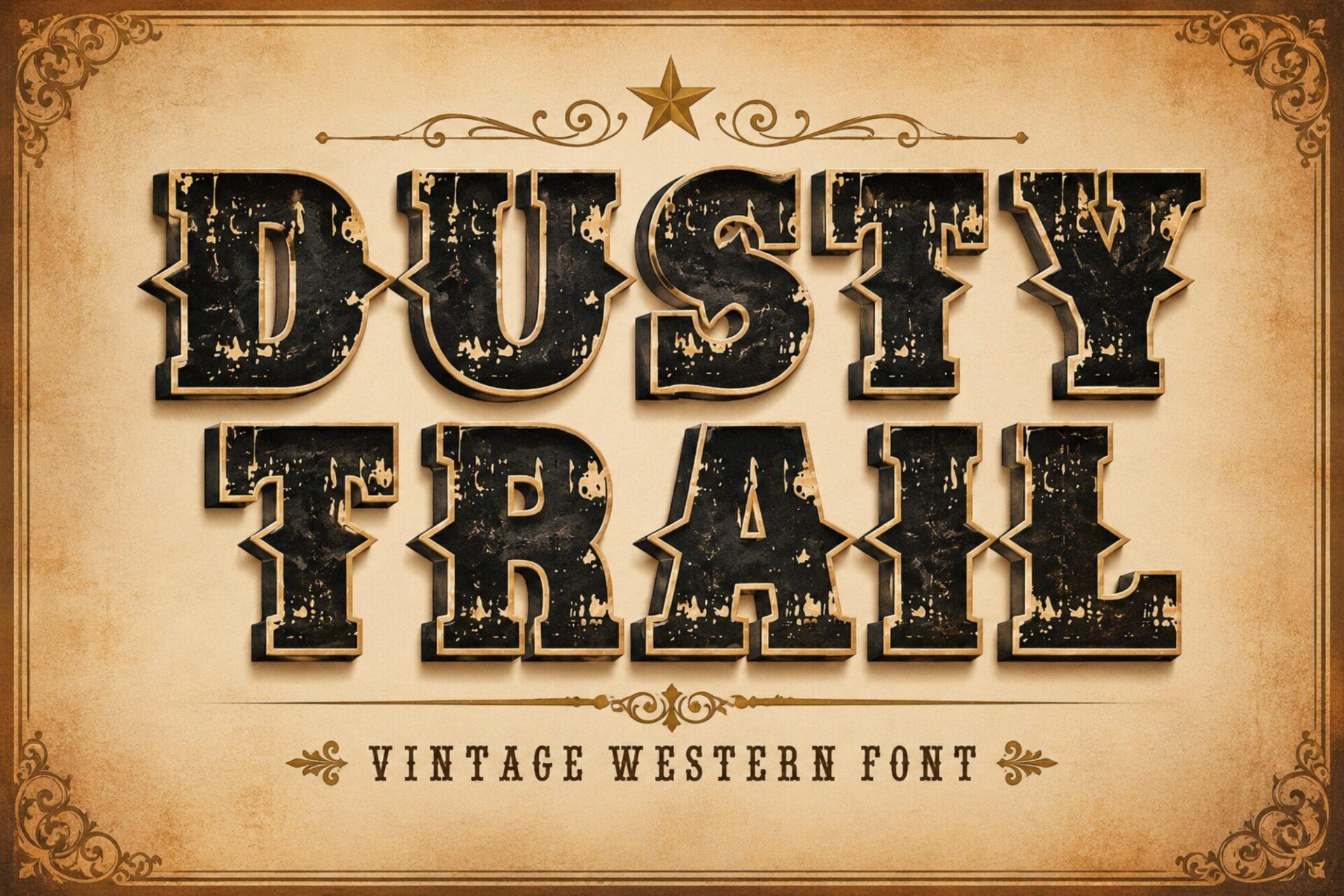 Dusty Trail Font by 29Graphic, black cracked spur-serif capitals with a shadow on aged paper preview