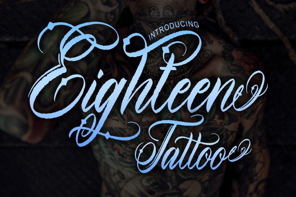Eighteen Tattoo Font by Al mughni studio3, blue gradient pointed tattoo script over a tattooed back preview