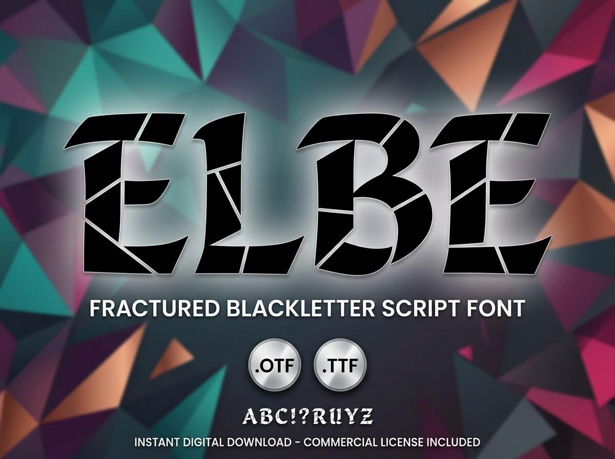 Elbe Font by mail.skygroup, heavy fractured blackletter capitals with white cracks and outlines, tattoo font preview