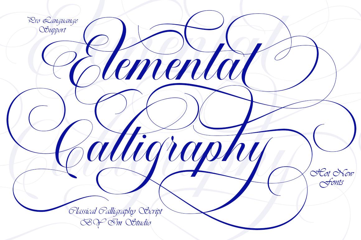 Elemental Calligraphy Font by IM Studio, royal blue calligraphy with long hairline flourishes