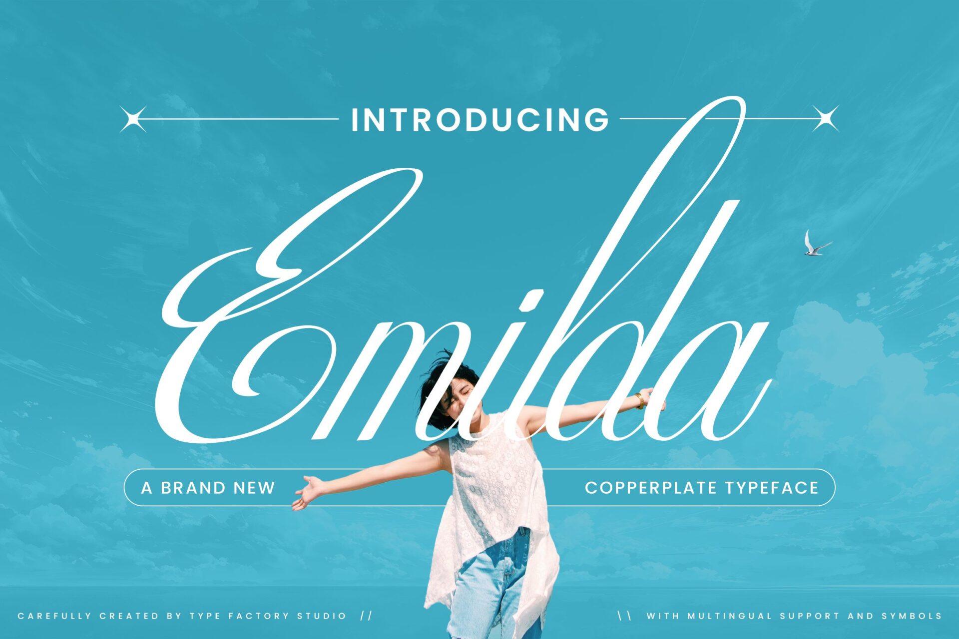 Emilda Font by TypeFactory, tall white copperplate script on a blue sky