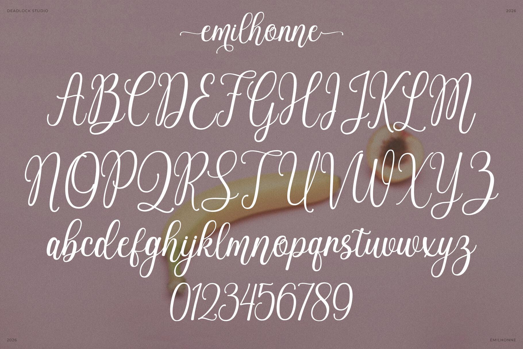 Emilhonne Font by rhegajuliandy alphabet, tall slender high-contrast calligraphy with numbers