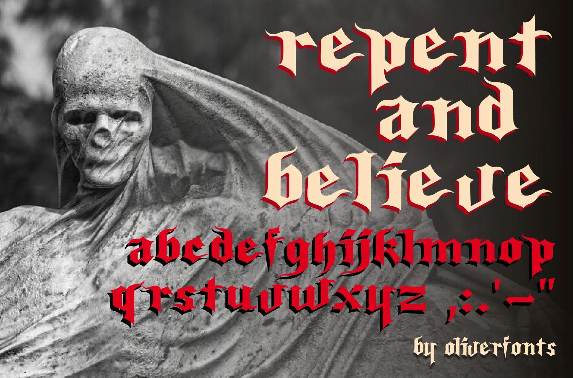 Fifteenth Century Font blackletter lowercase alphabet preview