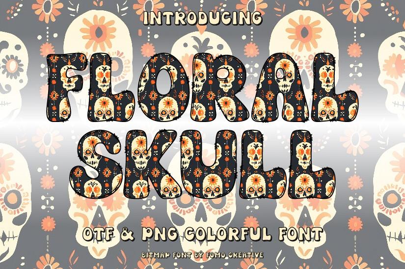 Floral Skull Font by Fomo Creative, chunky capitals filled with a sugar skull pattern preview