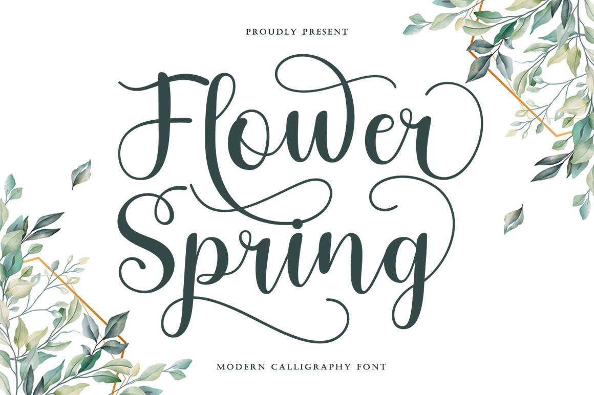 Flower Spring Font by bungreja123, dark green bouncy calligraphy with watercolor leaves