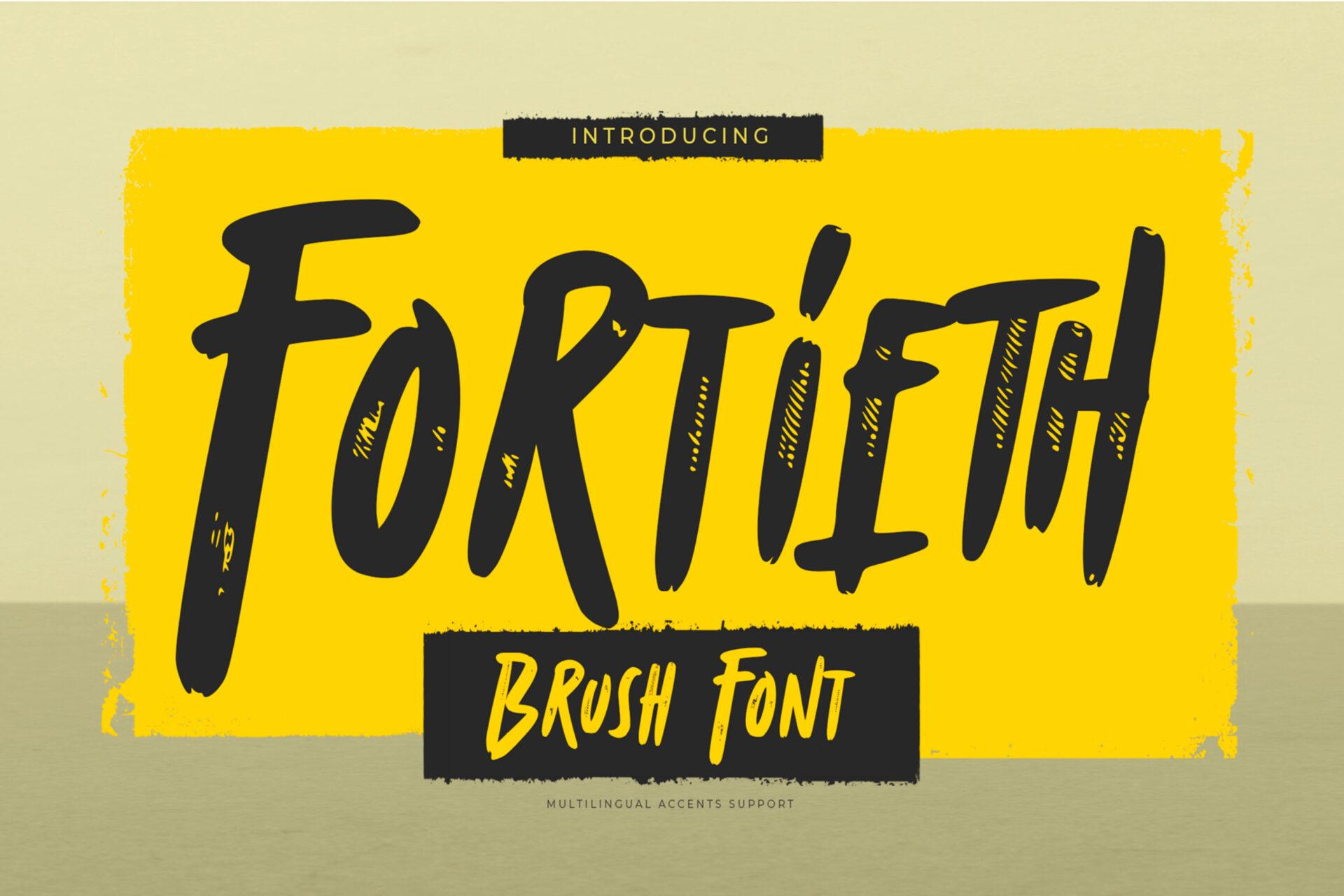 Fortieth Font by Gassstype Studio, heavy black brush capitals on yellow