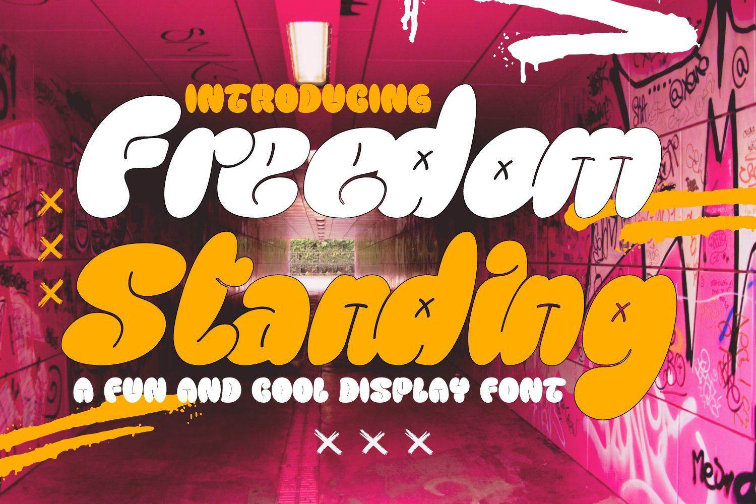 Freedom Standing Font by 177Studio, bubbly white and orange graffiti letters with drips on a pink wall