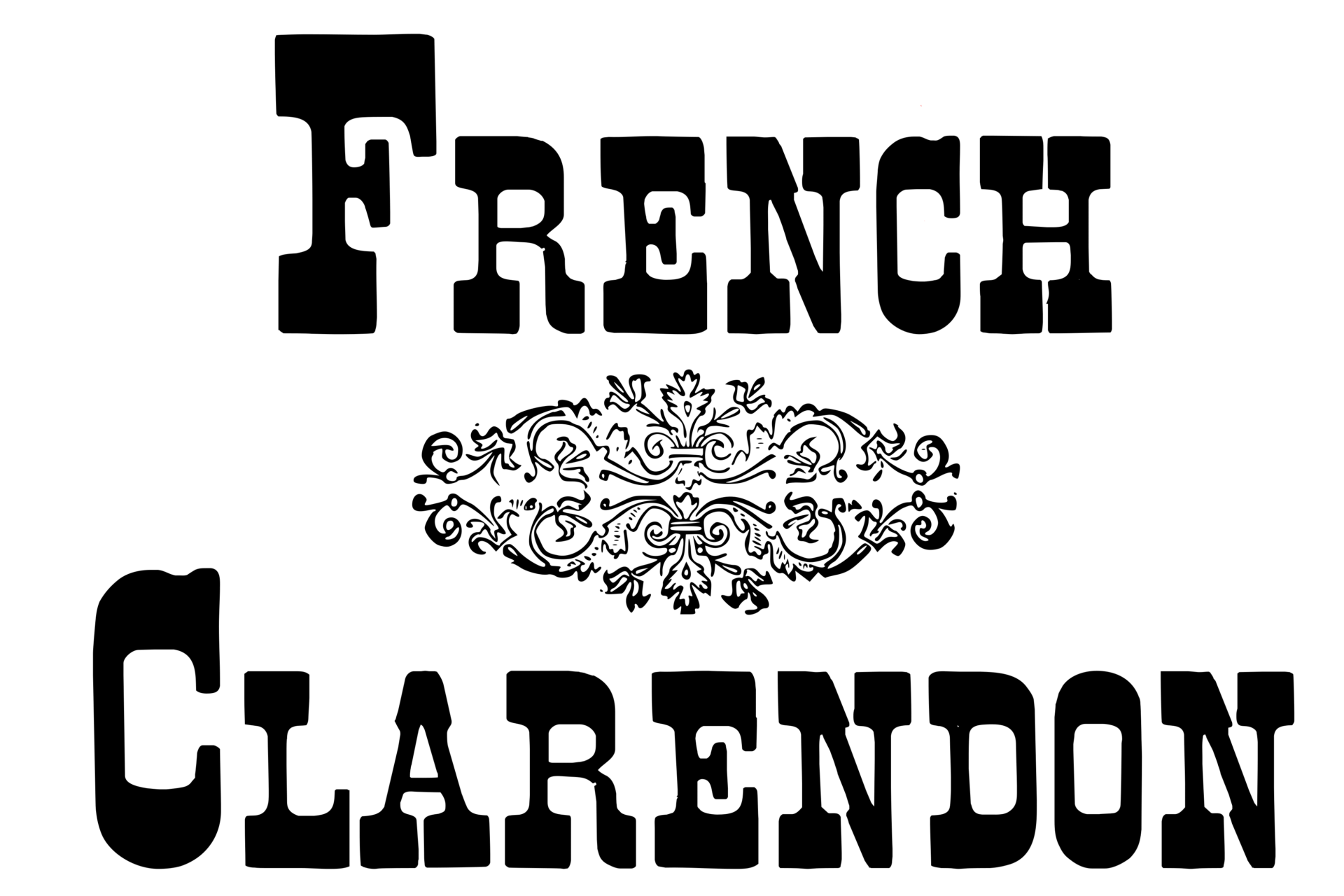 French Clarendon Font by Intellecta Design, heavy black wedge-serif capitals with larger first letters and an ornament on a plain white preview