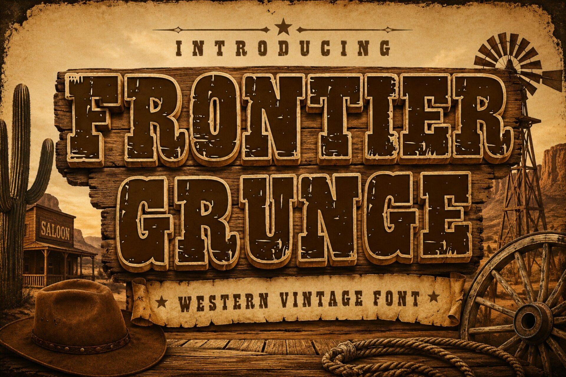 Frontier Grunge Font by 29Graphic, dark brown rough notched capitals on a wooden sign preview with a windmill