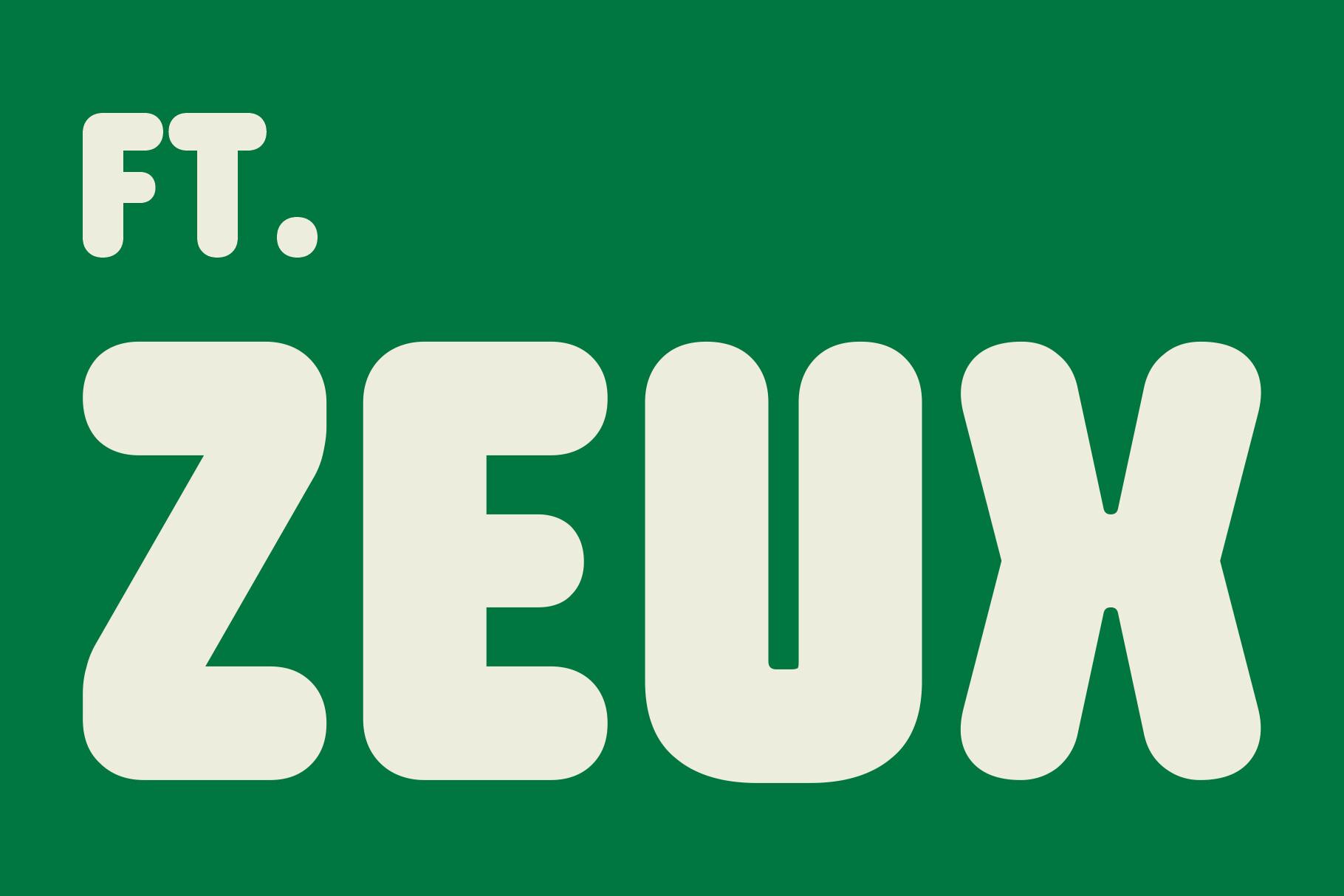 Ft Zeux Font by wisnu cipto, fat rounded condensed capitals in cream on green