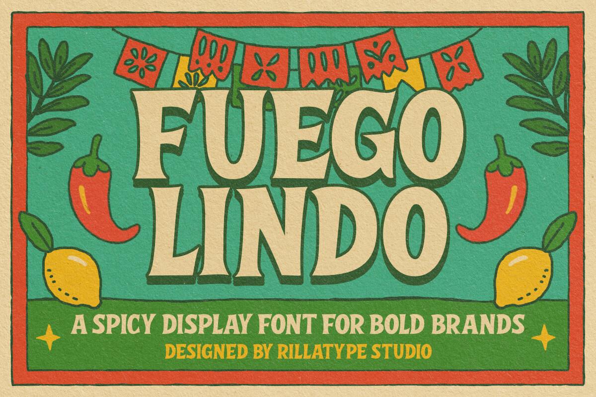 Fuego Lindo Font by Rillatype, wide cream flared capitals on a green poster with chili peppers preview