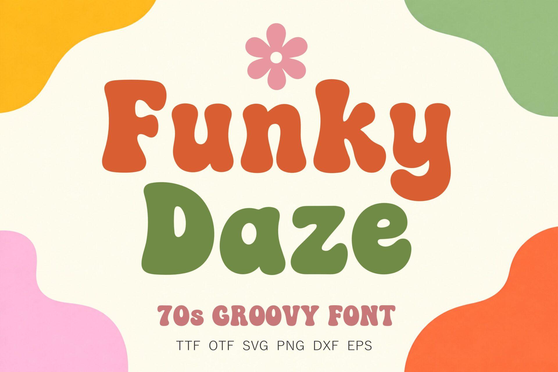 Funky Daze Font by wtl.typography, soft rounded 70s letters in orange and green