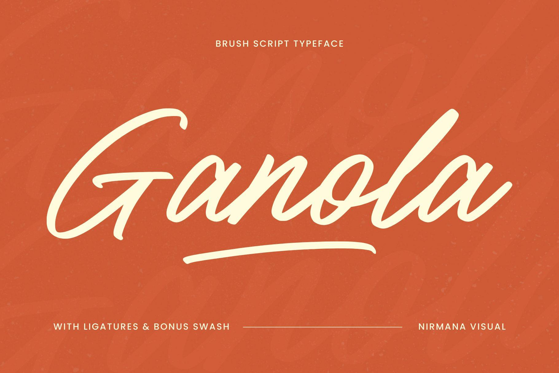 Ganola Font by Sigit Dwipa, cream brush script with a long underline swash on a burnt orange background