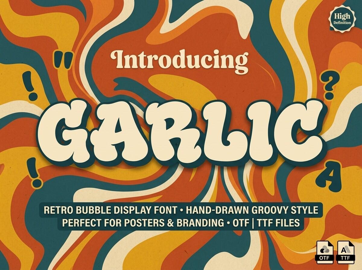 Garlic Font by greenvill, cream hand-drawn groovy capitals over a swirling retro pattern