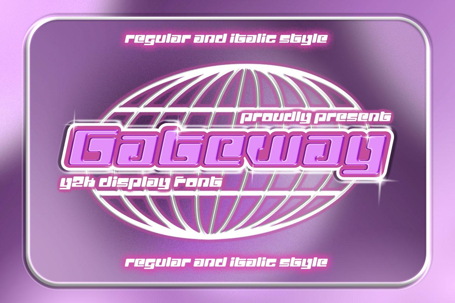 Gateway Font by shineink.designlab, pink glossy techno letters over a wireframe globe