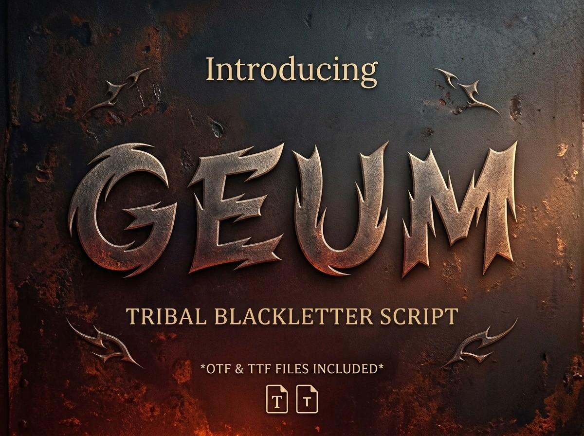 Geum Font by LINEART3, jagged metallic tribal blackletter capitals on a dark background, tattoo font preview