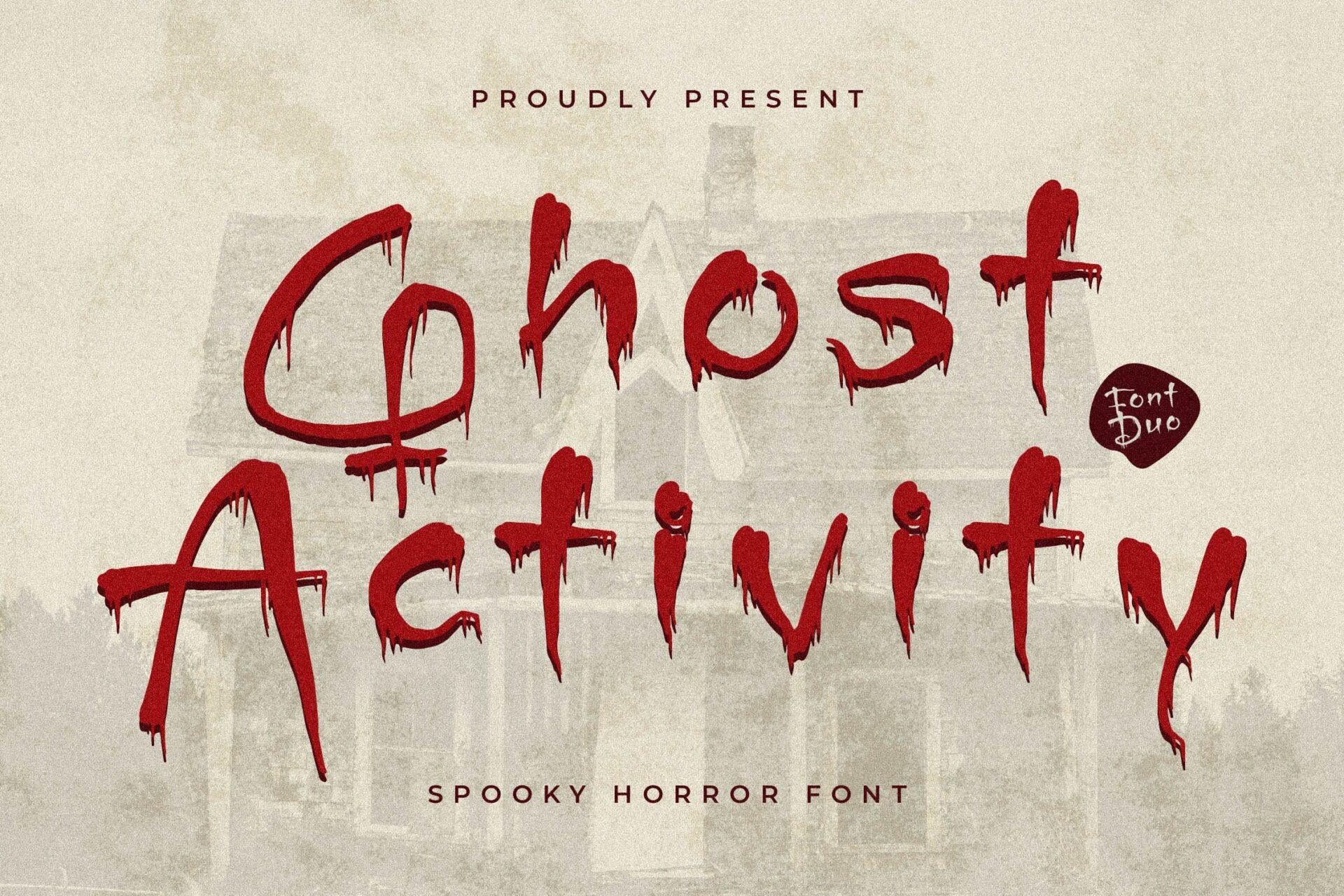 Ghost Activity Font by Glorytype Studio, dark red brush script with long tails on an aged paper background