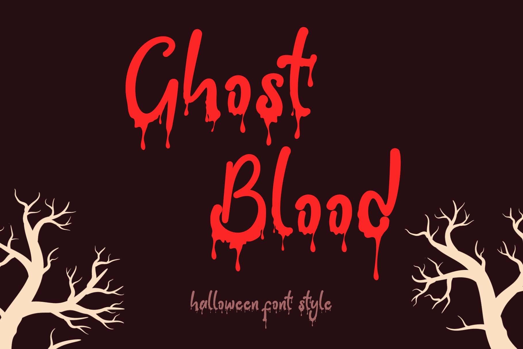 Ghost Blood Font by Selvia Design, red slanted brush script with thin blood drips on a dark background