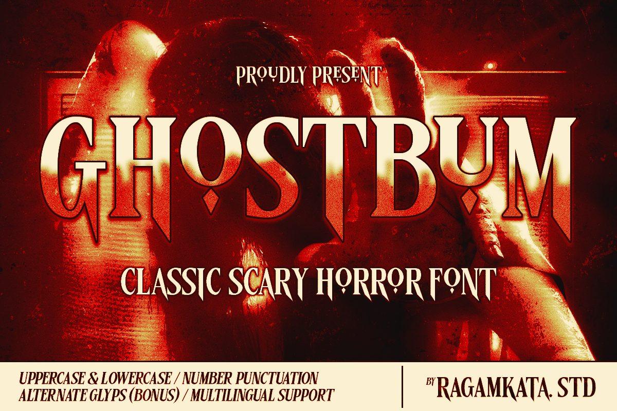 Ghostbum Font by RagamKata Studio, tall condensed serif with sharp pointed serifs in a classic horror style