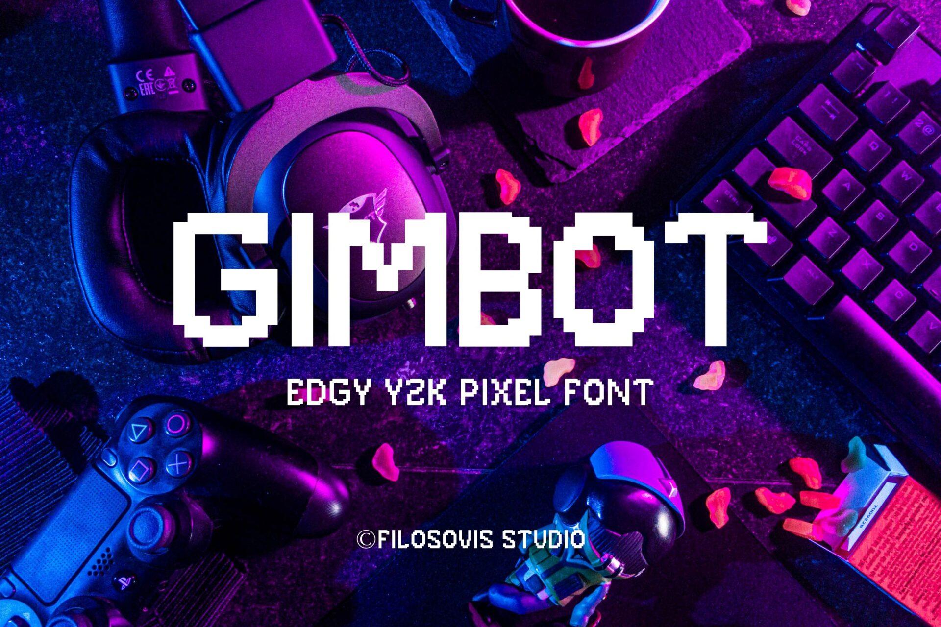 Gimbot Font by filosovis.co, white blocky pixel letters on a purple gaming desk photo