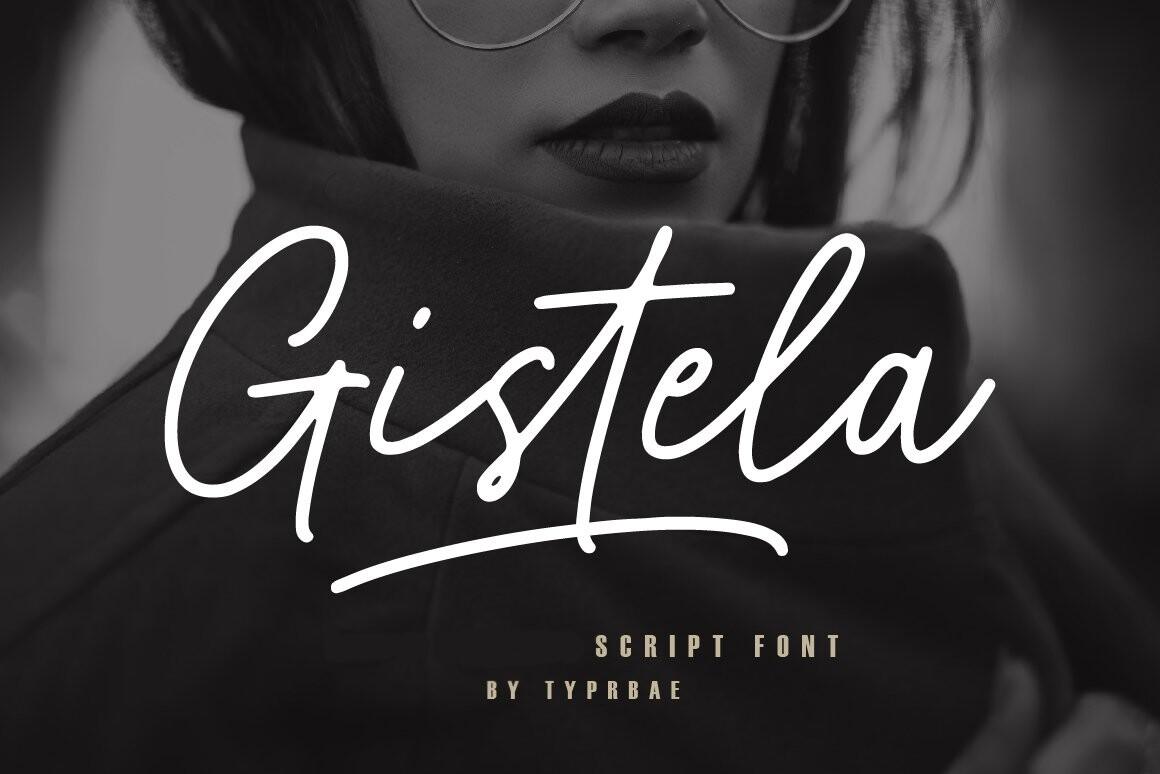 Gistela Font by Typebae, white brush-pen script with dry edges and a swash underline