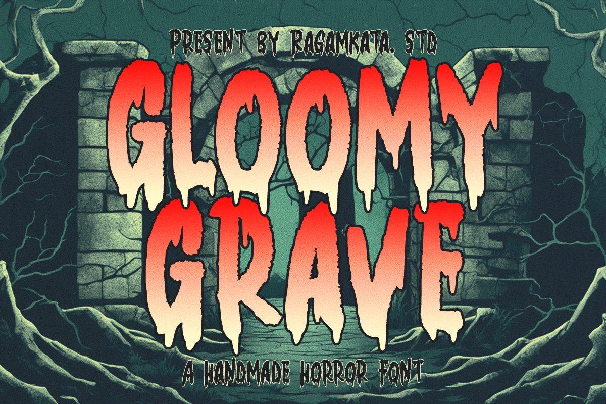 Gloomy Grave Font by RagamKata Studio, condensed hand-drawn capitals melting at the bottom like candle wax