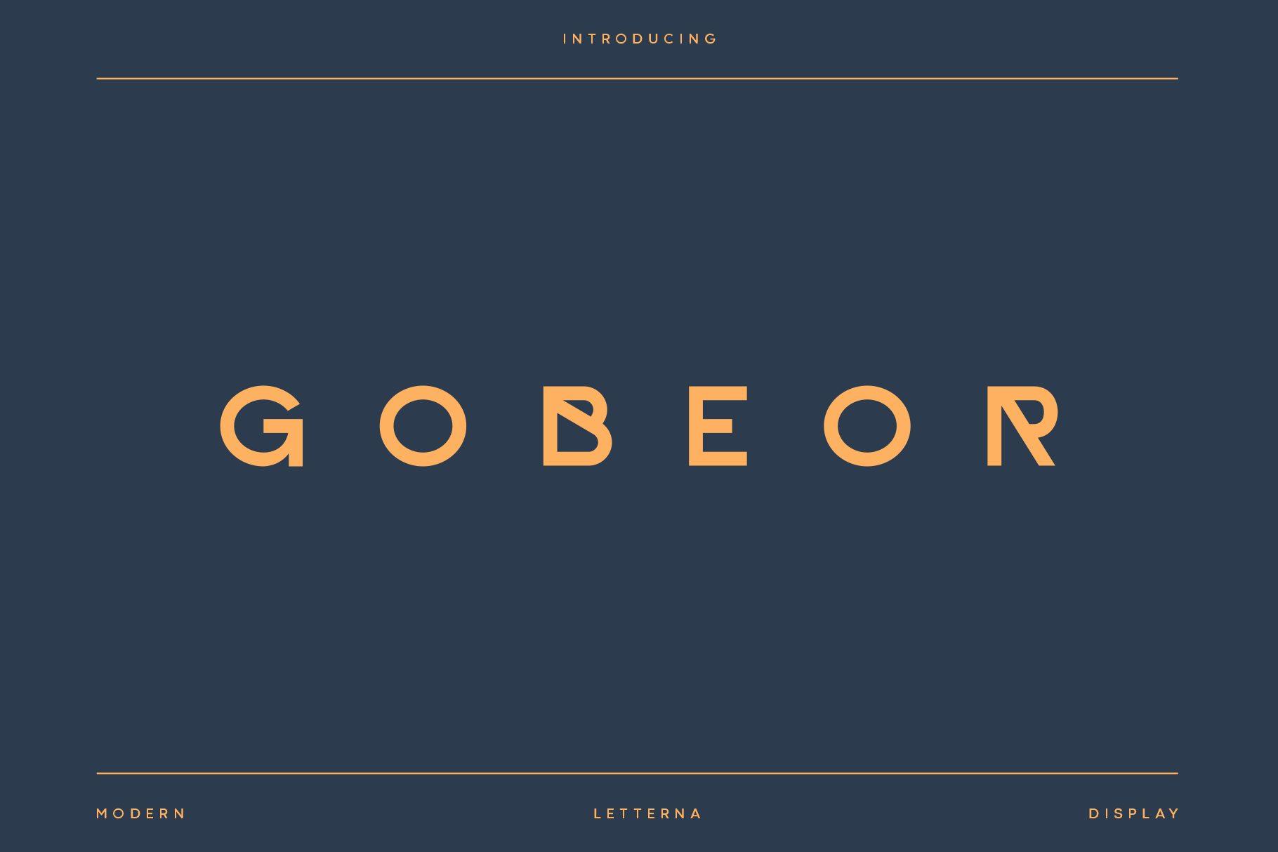 Gobeor Font by Letterna, wide spaced capitals in orange on navy