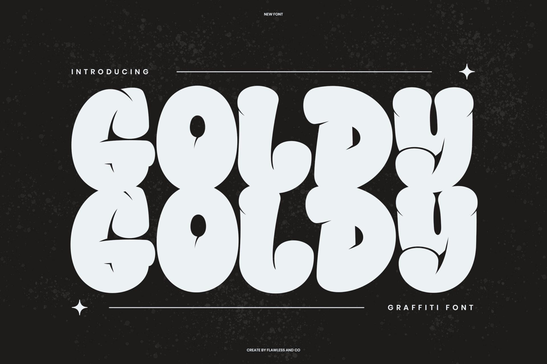 Goldy Font by Flawless And Co, chunky white bubble letters on black font preview