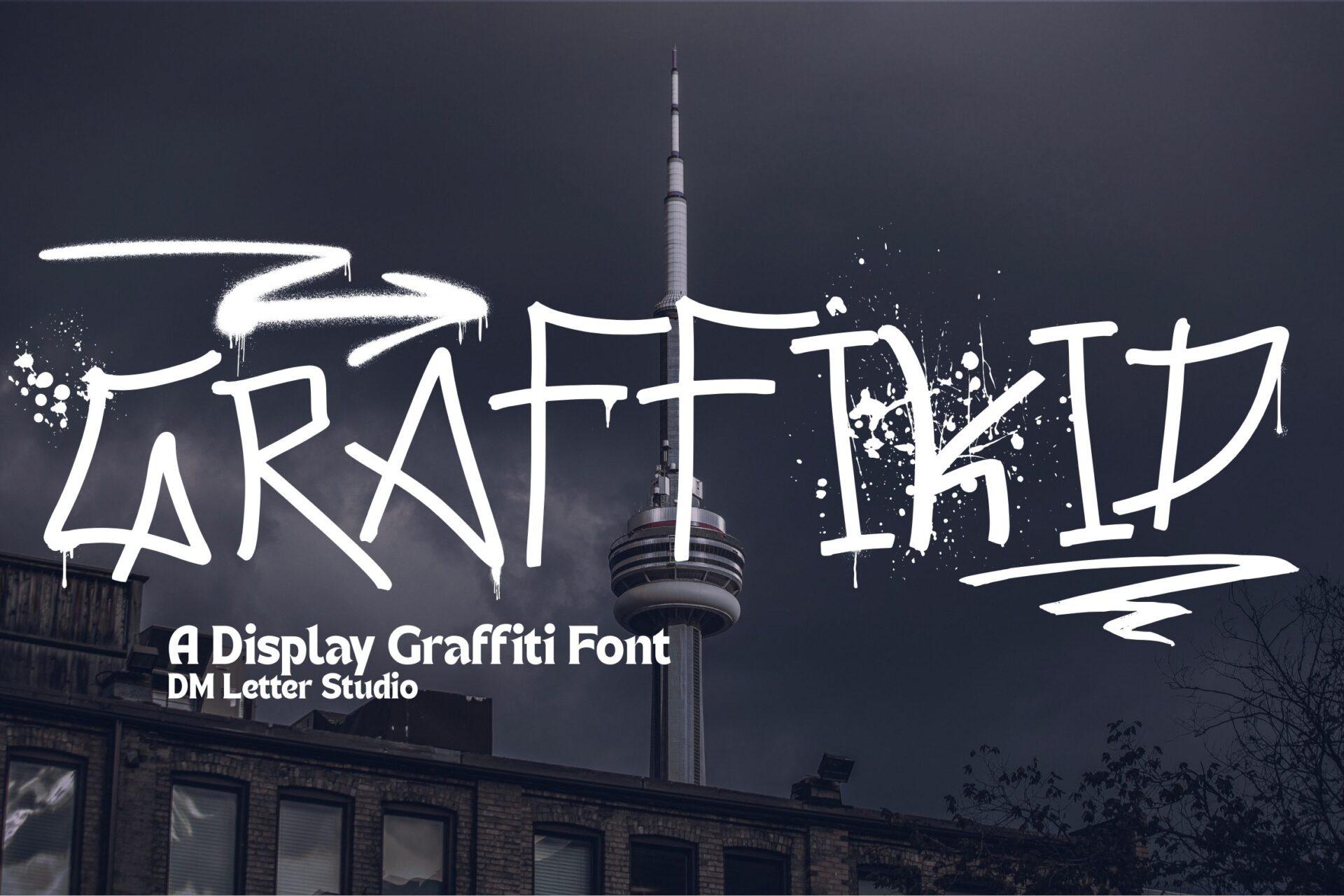 Graffikid Font by Sharon (DmStudio), thin sharp white graffiti tag letters with arrows over a dark city photo