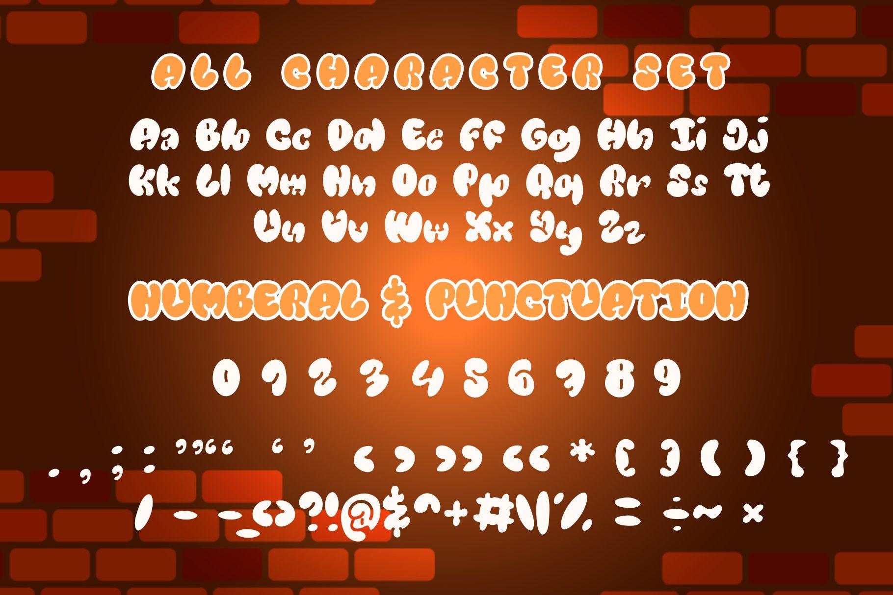 Graffiti Bubbly Font by Brown Cupple Fonts character set with bubbly uppercase, lowercase, numerals and punctuation
