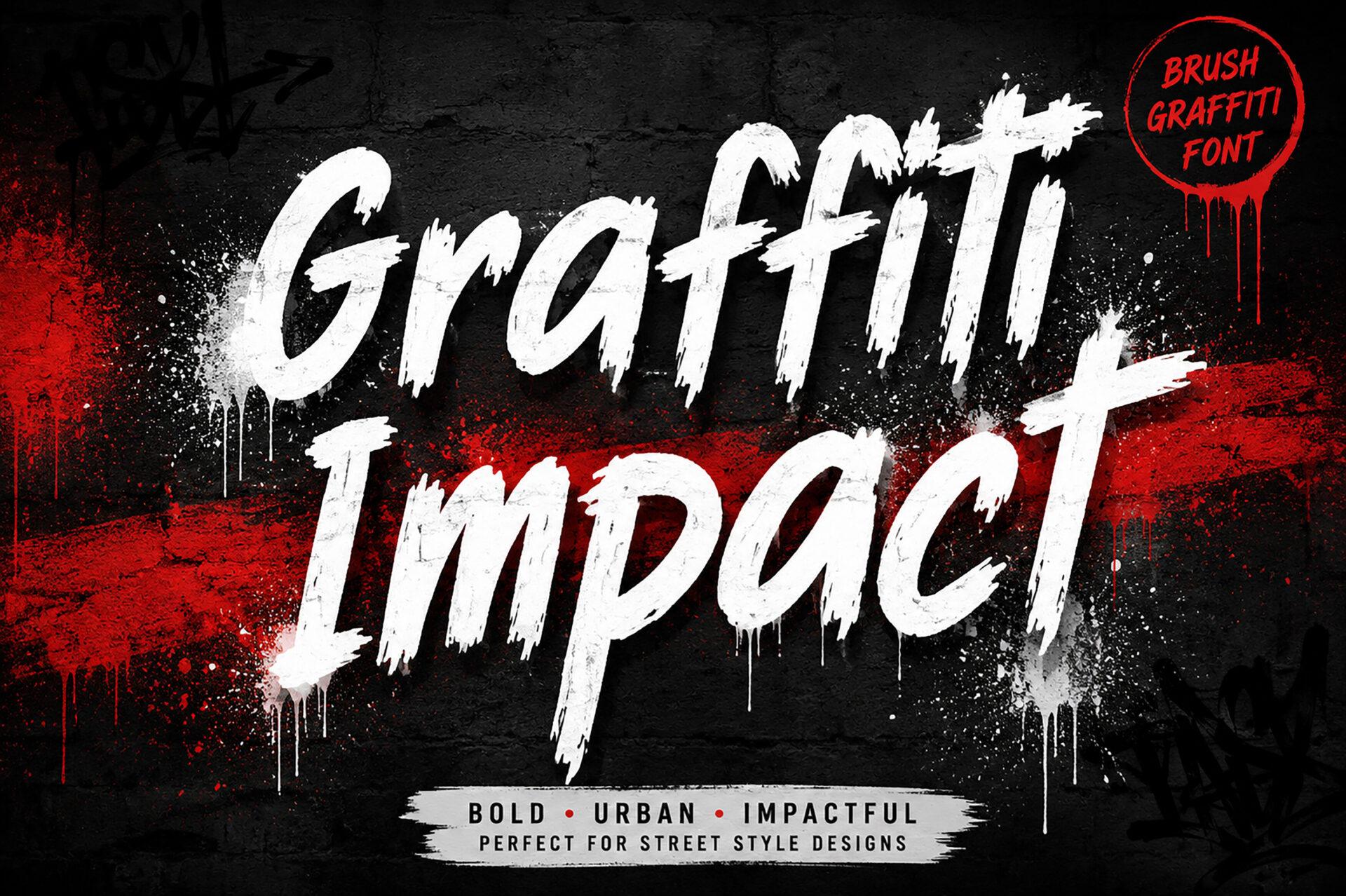 Graffiti Impact Font by Bundle, rough white brush graffiti letters over black and red spray splashes