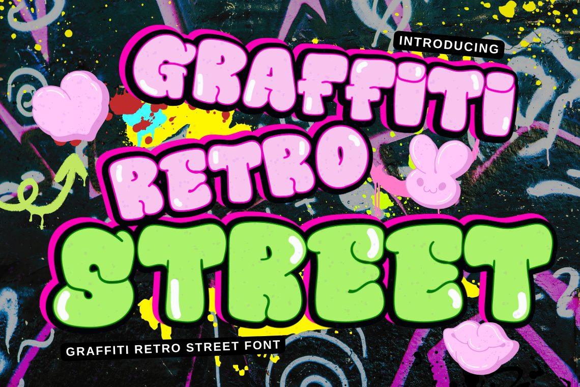 Graffiti Retro Street Font by VividDoodle, pink and green retro bubble graffiti letters with hearts font preview
