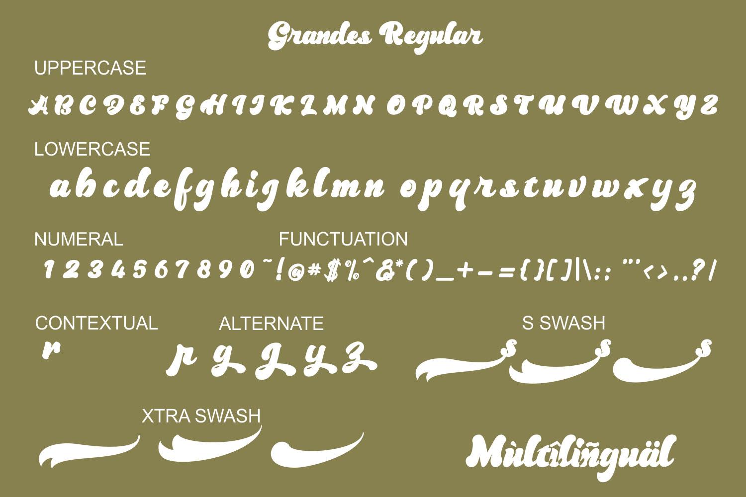 Grandes Font by BK Thompson Designs character set with retro script letters, alternates and swashes