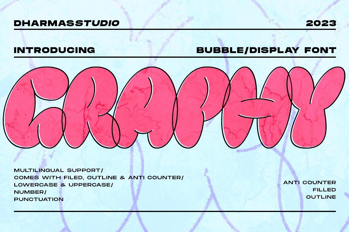 Graphy Font by Dharmas Studio, pink bubble display letters with outline overlap on blue paper texture