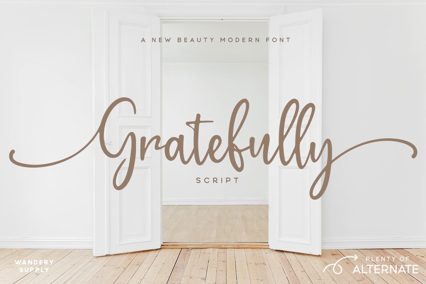 Gratefully Font by Wandery Supply, bouncy script with sweeping swashes font preview