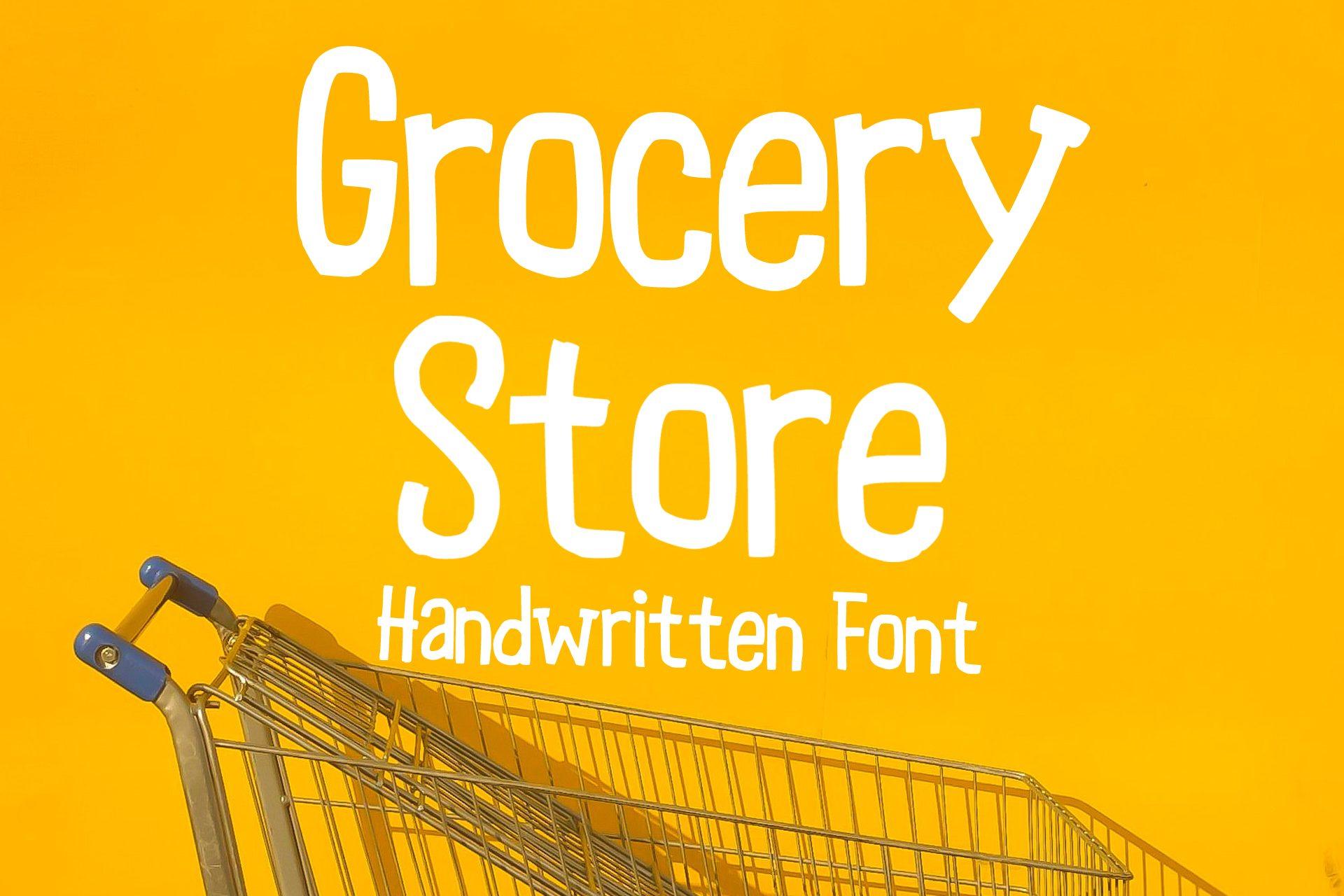 Grocery Store Font by MVMET, chunky rounded white handwritten letters on bright yellow with a shopping cart