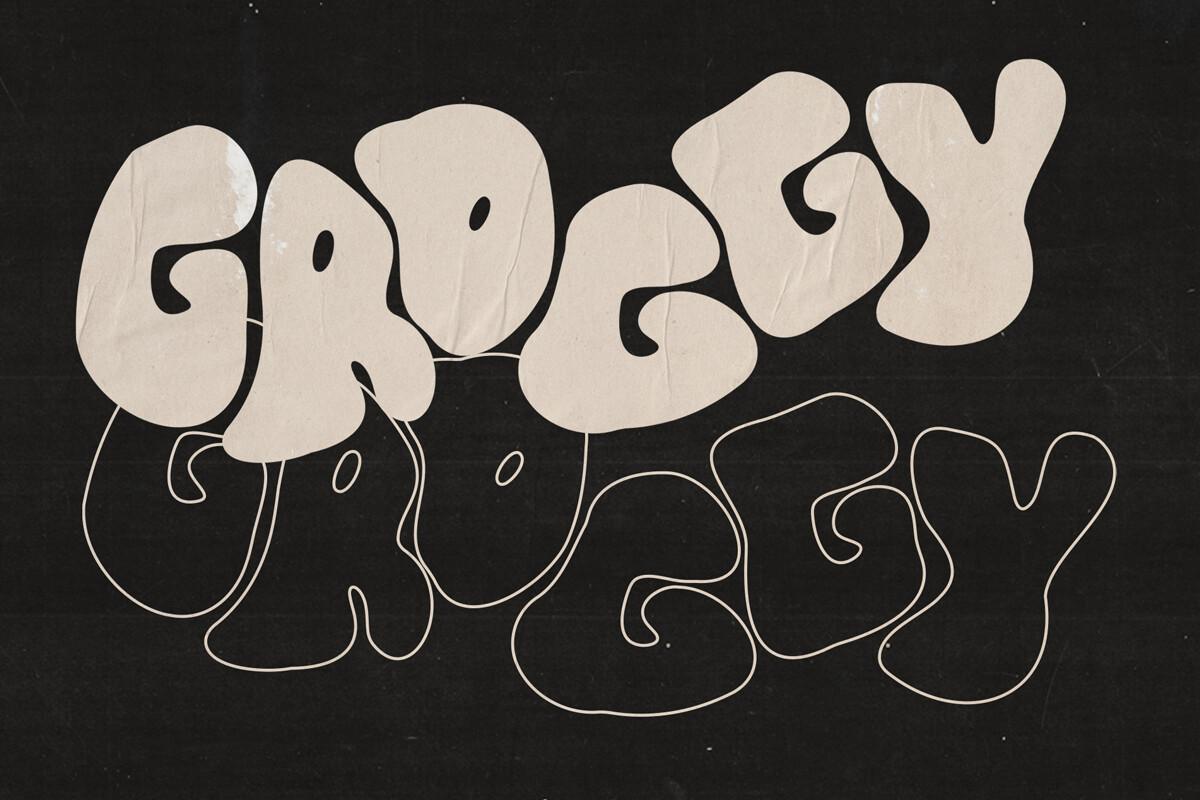 Groggy Font by Emma Rodriguez, lumpy cream bubble letters with an outline version below