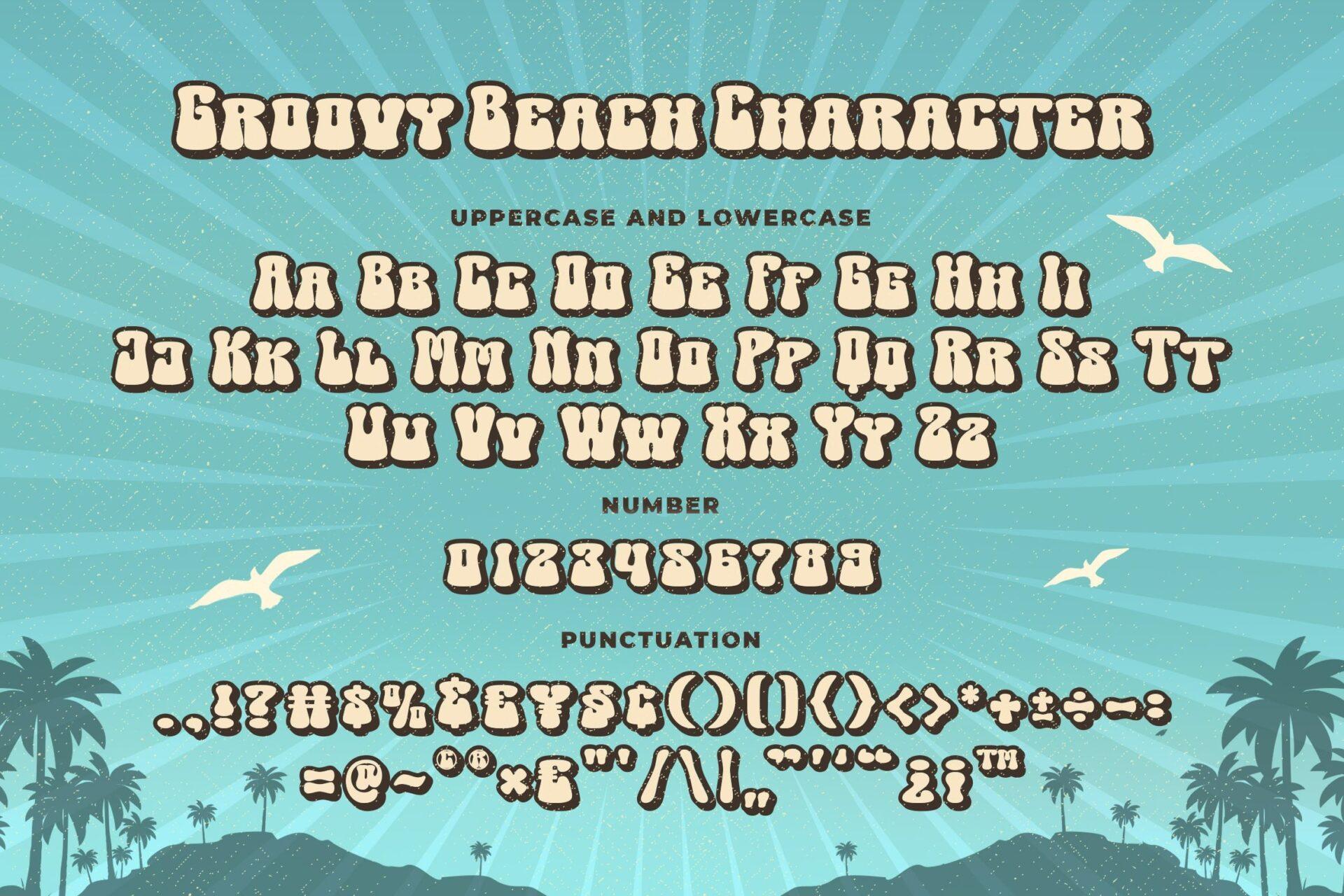 Groovy Beach Font by Blankids Studio character set with groovy uppercase, lowercase, numbers and punctuation