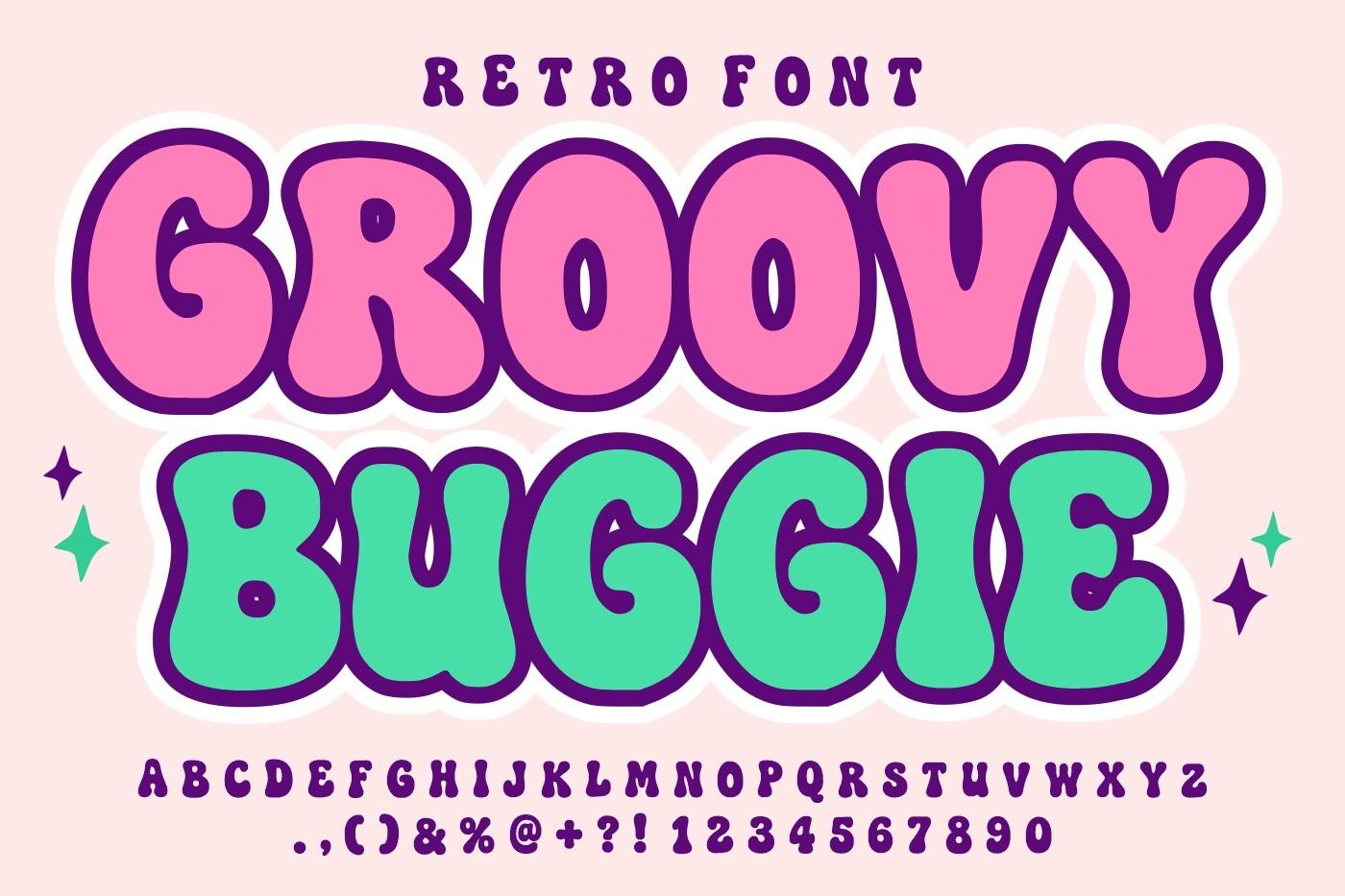 Groovy Buggie Font by Infinity art Studio, pink and mint groovy capitals with a purple outline, alphabet and numbers